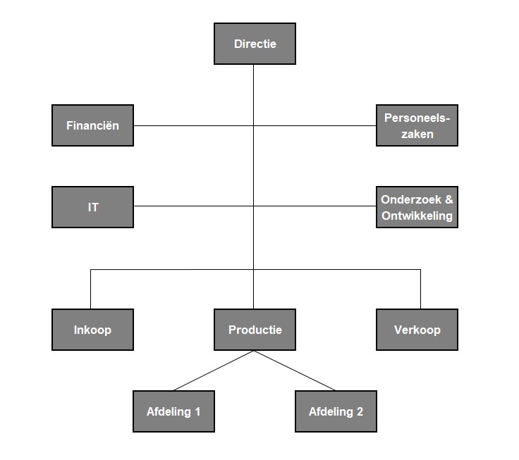 Organogram voorbeeld met directie, stafafdelingen en productieafdelingen